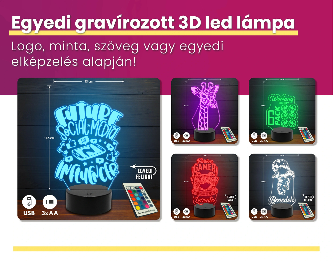 3D hatású és egyedi mintás led lámpák