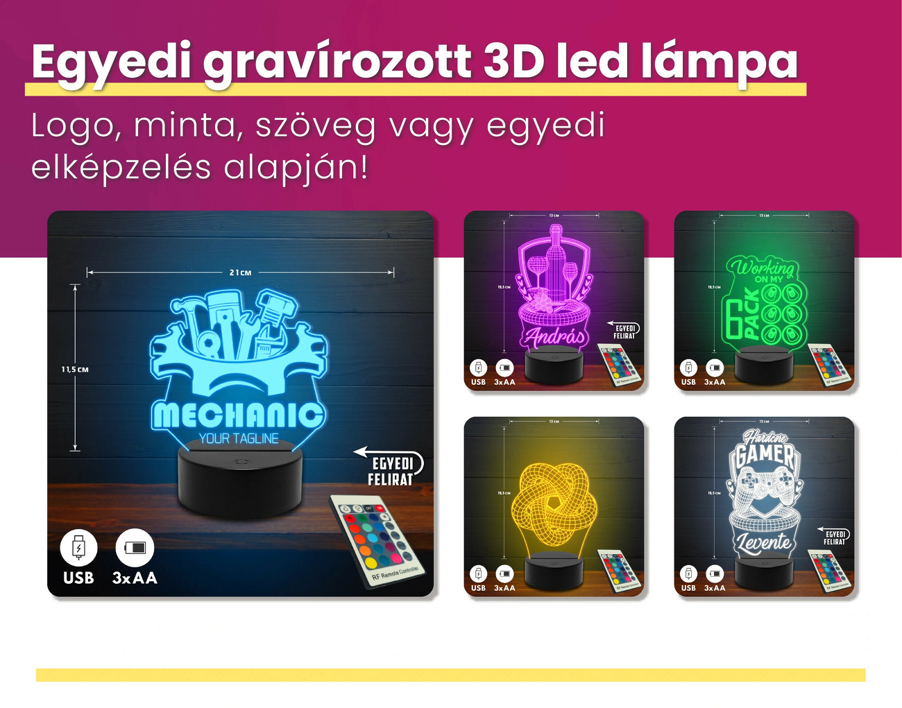 3D élvilágított led lámpák - egyedi céglogóval