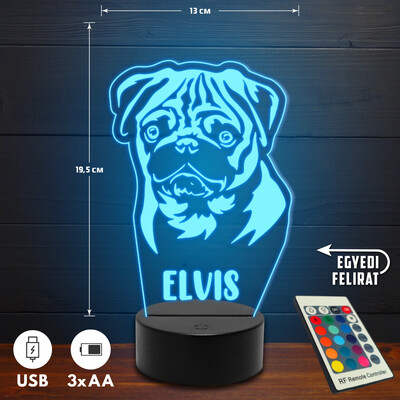 Mopsz 3D Led lámpa - Egyedi felirattal