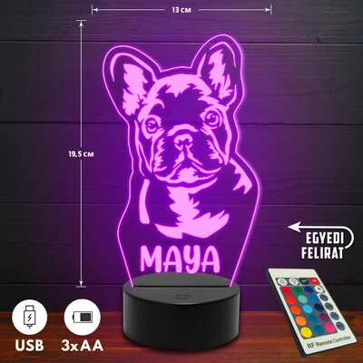 Francia bulldog 3D Led lámpa - Egyedi felirattal