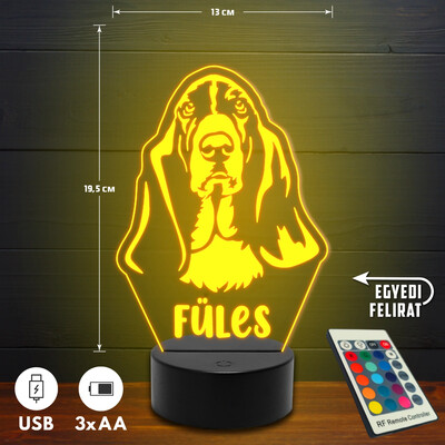 Basset hound 3D Led lámpa - Egyedi felirattal