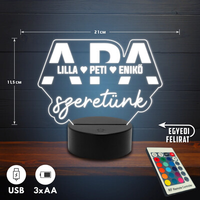 Apa szeretünk 3D Led lámpa - Egyedi felirattal