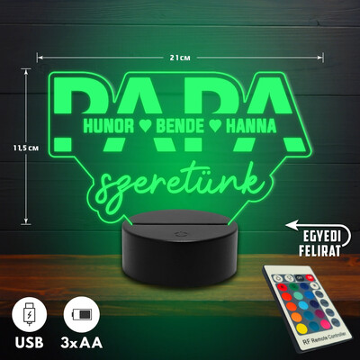 Papa szeretünk 3D Led lámpa - Egyedi felirattal