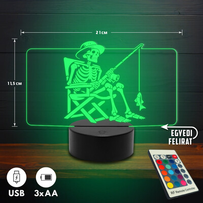 Horgászó csontváz 3D Led lámpa - Akár egyedi felirattal