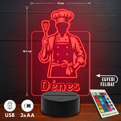 Szakács 3D Led lámpa - Egyedi felirattal