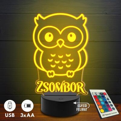 Baglyos 3D Led lámpa - Egyedi felirattal