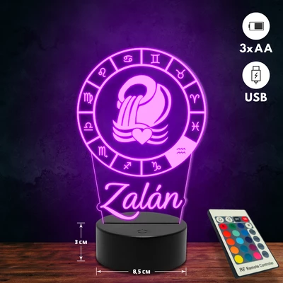 Vízöntő csillagjegyes 3D Led lámpa - Egyedi felirattal