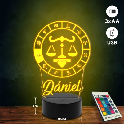 Mérleg csillagjegyes 3D Led lámpa - Egyedi felirattal