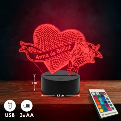 Szív, rózsával romantikus 3D Led lámpa