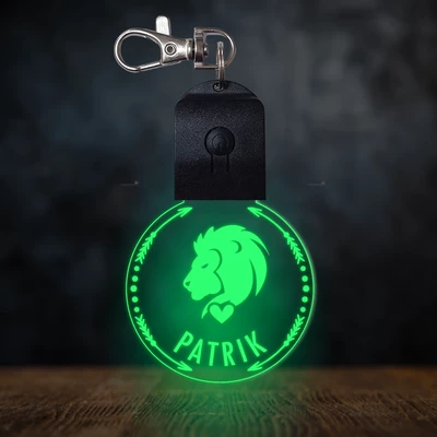 Oroszlán csillagjegyes világító led kulcstartó - Egyedi felirattal