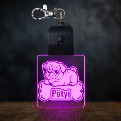 Mopsz világító led kulcstartó - Egyedi felirattal