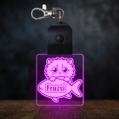 Perzsamacska világító led kulcstartó - Egyedi felirattal