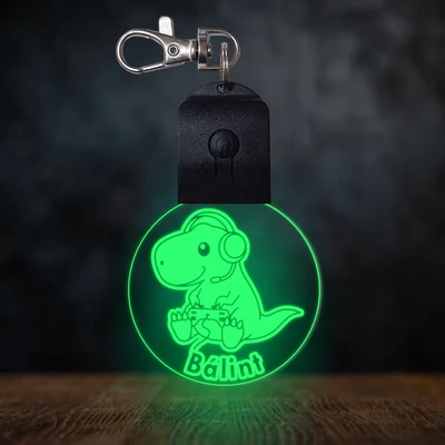 Gamer dínó világító led kulcstartó - Egyedi felirattal